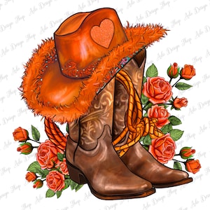Orange cowgirl hat and roses png sublimation design download, western cowgirl png, cowgirl boots png, sublimate designs download