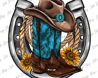 Western Horseshoe Boots Hat Rope Sunflower Png Sublimation Design,Horseshoe Png,Cowboy Boots Png,Horseshoe Png,Cactus Png,Instant Download