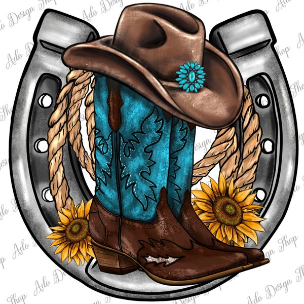 Western Horseshoe Boots Hat Rope Sunflower Png Sublimation Design,Horseshoe Png,Cowboy Boots Png,Horseshoe Png,Cactus Png,Instant Download