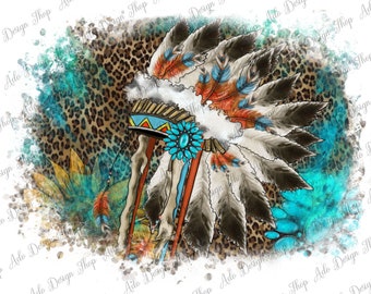 Western Indian Headdress Png Background Design, Indian Headdress Png,Distressed Headdress Png, Leopard Png, Gemstone Png, Instant Download
