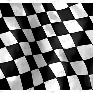 May include: A black and white checkered flag with a watercolor effect. The flag is waving in the wind.