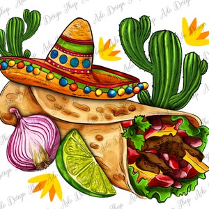 Burrito Sombrero en Unie met Cactus Png Sublimatie Ontwerp, Mexicaanse Burrito png, Mexicaans eten png, Mexicaans street food png, instant download
