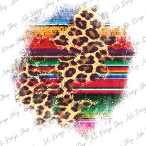 May include: A digital design featuring a leopard print pattern overlayed on a colorful striped pattern. The design has a distressed, vintage look with a white background.