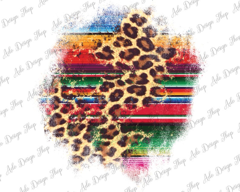 May include: A digital design featuring a leopard print pattern overlayed on a colorful striped pattern. The design has a distressed, vintage look with a white background.