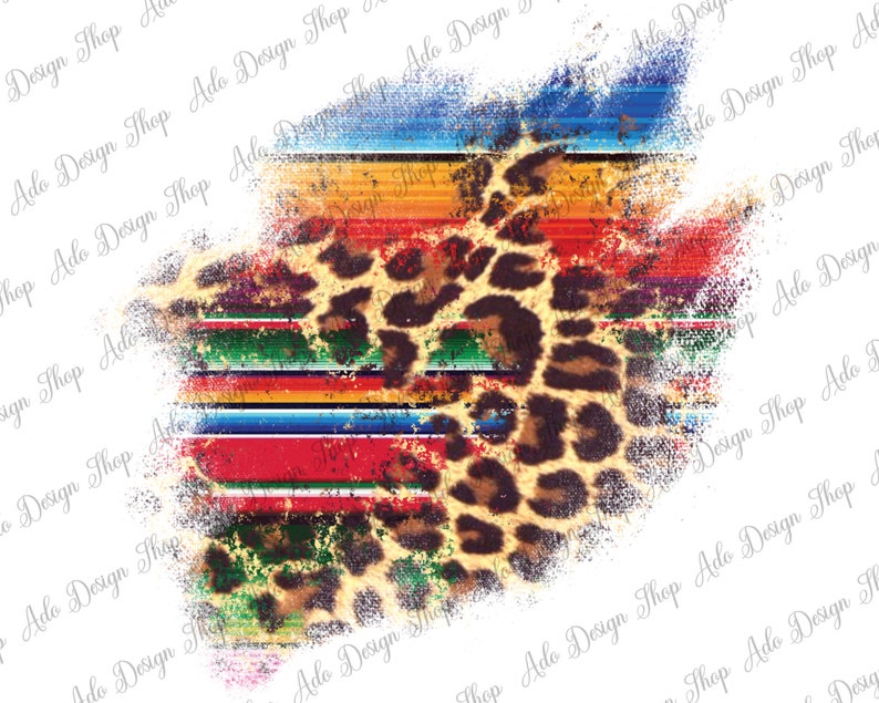 May include: A colorful, distressed, striped pattern with a leopard print overlay. The pattern is reminiscent of a traditional Mexican blanket.