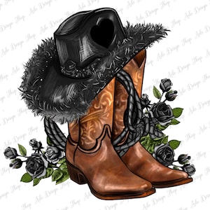 Black cowgirl hat and roses png sublimation design download, western cowgirl png, cowgirl boots png, sublimate designs download