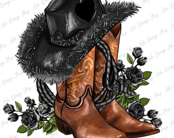 Black cowgirl hat and roses png sublimation design download, western cowgirl png, cowgirl boots png, sublimate designs download