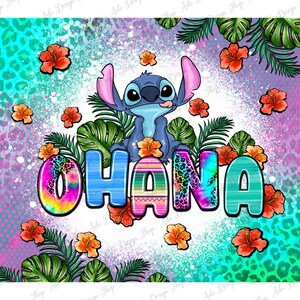 Peut inclure: Un design graphique color&eacute; avec le mot "Ohana" dans un arc-en-ciel de couleurs avec un personnage bleu Stitch du film Disney Lilo & Stitch. L'arri&egrave;re-plan est un motif de projection turquoise et rose avec des feuilles et des fleurs tropicales.
