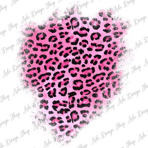 May include: Pink and black leopard print heart with a distressed, watercolor effect. The heart is isolated on a white background.