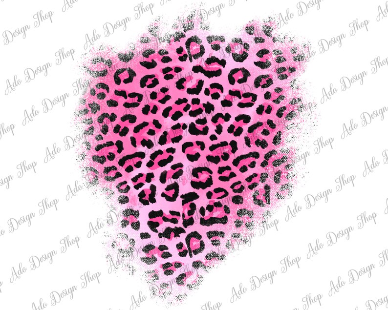 May include: Pink and black leopard print heart with a distressed, watercolor effect. The heart is isolated on a white background.