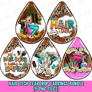 Puede incluir: Un conjunto de cinco pendientes en forma de lágrima con diseños relacionados con el cabello. Cada pendiente presenta un diseño diferente, incluyendo girasoles, herramientas de peluquería y los textos "Hair Tech" y "Hair Boss".