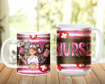 Nurse With Nurse Elements And Pink Leopard 11oz and 15oz Mug Png Sublimation Design, Nurse Mug Png, Nurse Life Png, Nursing Png Download