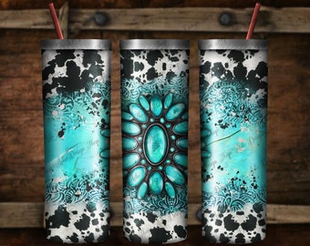Turquoise Gemstone Cowhide Tumbler Png, 20 oz. Skinny Tumbler Sublimation Design, Gemstone Tumbler Png, Western Tumbler Png,Instant Download
