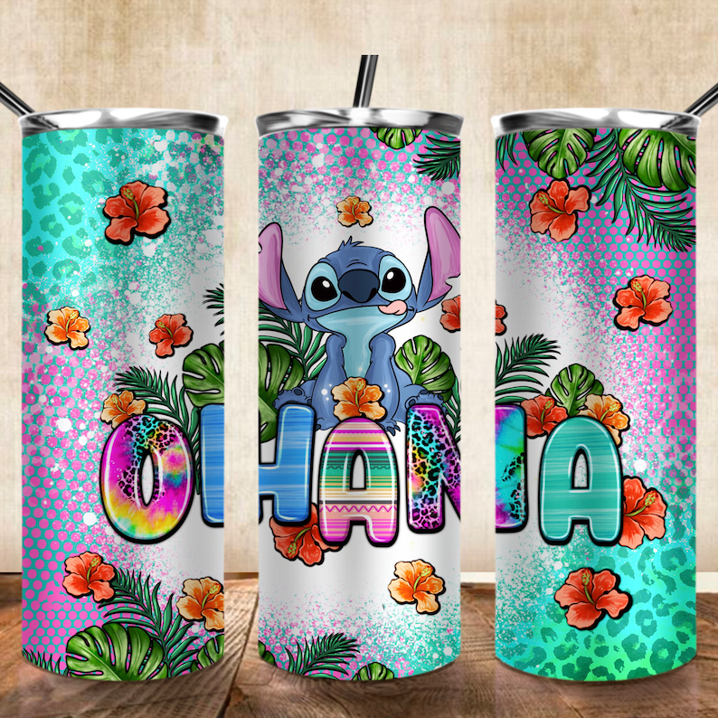 Peut inclure: Trois gobelets en acier inoxydable sur le th&egrave;me tropical. Les gobelets pr&eacute;sentent un personnage bleu Stitch du film Disney Lilo & Stitch, des fleurs tropicales et le mot "Ohana" en lettres color&eacute;es.