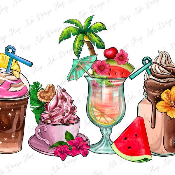 Summer coffee cups png sublimation design download, summer holiday png, coffee cups png, fruit drinks png, sublimate designs download