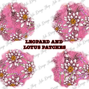 Puede incluir: Papel digital rosa y blanco con estampado de leopardo y flores de loto rosas. El texto "LEOPARD AND LOTUS PATCHES" está en el centro de la imagen.