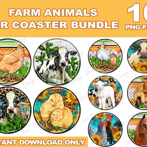 Farm animals car coaster png sublimation design bundle, western car coaster png, farm life png, sublimate designs download