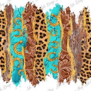 May include: A digital design featuring a turquoise blue background with gold horseshoes, leopard print, and a brown paisley pattern. The design has a distressed, brushstroke effect.