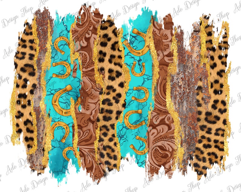 May include: A digital design featuring a turquoise blue background with gold horseshoes, leopard print, and a brown paisley pattern. The design has a distressed, brushstroke effect.