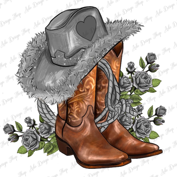 Gray cowgirl hat and roses png sublimation design download, western cowgirl png, cowgirl boots png, sublimate designs download