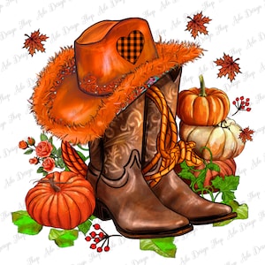 Fall cowgirl hat and roses png sublimation design download, western cowgirl png, Fall pumpkin png, cowgirl boots png, sublimate - download