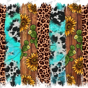 May include: A digital design featuring a wood plank background with a turquoise, cowhide, and leopard print pattern. The design also includes sunflowers and cactus plants.