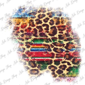 May include: A digital design featuring a distressed, colorful striped pattern with a leopard print overlay. The design has a faded, vintage look.