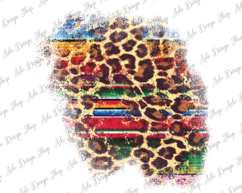 May include: A digital design featuring a distressed, colorful striped pattern with a leopard print overlay. The design has a faded, vintage look.