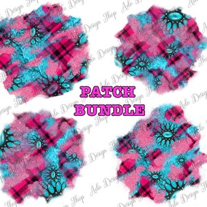 Peut inclure: Quatre motifs de papier numérique pour scrapbooking avec un motif à carreaux rose et noir et des embellissements turquoise et argentés. Le texte "PATCH BUNDLE" est en lettres roses.
