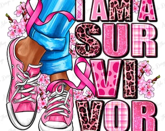 Könnte beinhalten: Rosa-blaues Grafikdesign mit dem Text "I AM A SURVIVOR" in rosa Buchstaben mit einem rosa Band, rosa Blumen und einem Paar rosa Turnschuhen.
