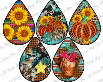 Paquete de pendientes de lágrima occidental de otoño, Png de lágrima de otoño occidental, Png de lágrima de girasol, Pendientes de lágrima de calabaza Png, Descarga instantánea