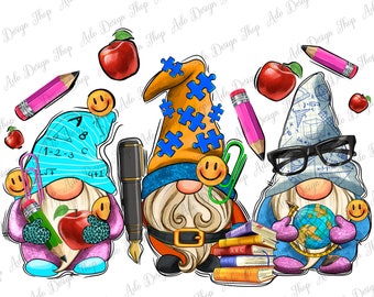 May include: Three gnomes dressed as teachers. One gnome wears a blue hat with math equations, another wears a yellow hat with puzzle pieces, and the third wears a blue hat with a graph paper design. Each gnome holds a school-themed item, such as a pencil, a book, or a globe.
