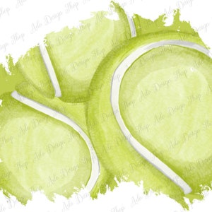 May include: A close-up of three green tennis balls with white seams. The balls are painted in a watercolor style and have a textured, rough appearance.