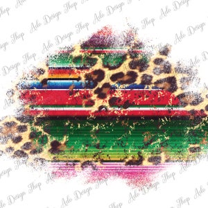 May include: A distressed, colorful striped pattern with a leopard print overlay. The pattern is reminiscent of a traditional Mexican blanket.