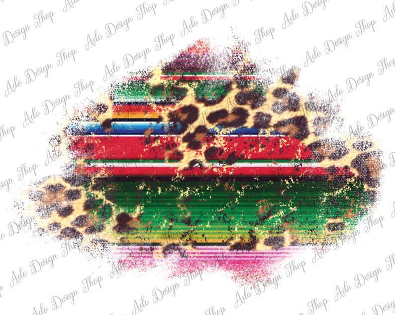 May include: A distressed, colorful striped pattern with a leopard print overlay. The pattern is reminiscent of a traditional Mexican blanket.