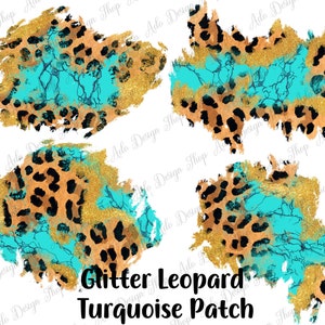 Peut inclure: Clipart numérique avec un motif léopard, des paillettes dorées et des accents turquoise. Le design est dans un style grunge, avec des coups de pinceau.