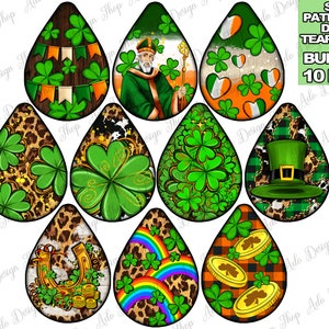May include: A set of ten digital images featuring various St. Patrick's Day themed designs. The designs include shamrocks, leprechauns, rainbows, gold coins, and other Irish symbols. The images are in a teardrop shape and are perfect for crafting projects.