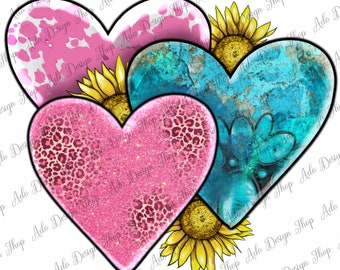 May include: Three overlapping hearts with different patterns. The top heart is pink with white spots, the middle heart is blue with white swirls, and the bottom heart is pink with a leopard print. Each heart has a yellow sunflower behind it.