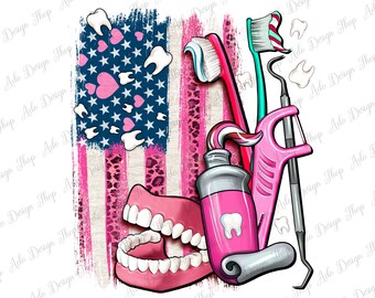 May include: A digital illustration of dental care tools and a set of teeth on a pink, white, and blue American flag background. The tools include a toothbrush, floss, and a dental pick. The teeth are pink and white and have a realistic appearance.