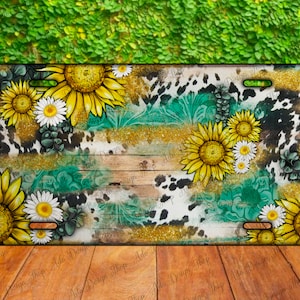 Western Wood and Cowhide Licence Plate, Cowhide License Plate, Sunflower License Plate, Western License Plate Digital Download, Turquoise,