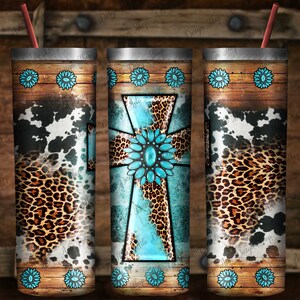 Cowhide Leopard Western Cross 20oz Skinny Tumbler Design, Cross Tumbler Png, Gemstone Cross Tumbler Png, Western Cross Tumbler Png Downloads