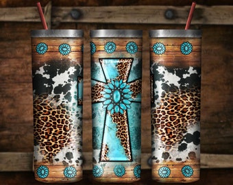 Cowhide Leopard Western Cross 20oz Skinny Tumbler Design, Cross Tumbler Png, Gemstone Cross Tumbler Png, Western Cross Tumbler Png Downloads