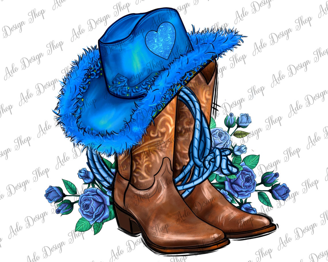 Valentine's Day Blue Boots Cowgirl Hat and Roses Png Sublimation Design ...