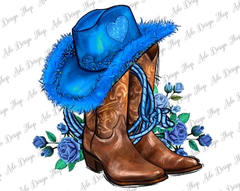 Valentine&#39;s Day blue boots Cowgirl hat and roses png sublimation design download, Valentines Day boots png, sublimate designs download