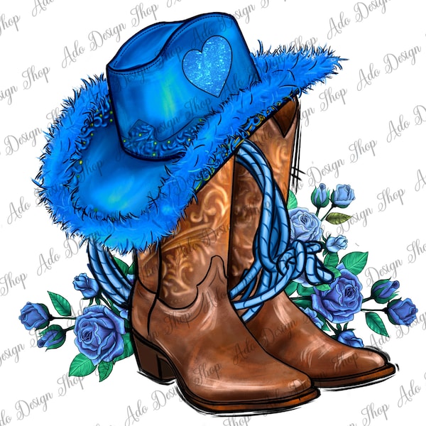 Valentine's Day blue boots Cowgirl hat and roses png sublimation design download, Valentines Day boots png, sublimate designs download