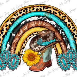 カウボーイブーツとカウボーイハットのレインボーPNG昇華デザイン、ウエスタンレインボーPNG、宝石レインボーPNG、ひまわりレインボーPNG、即時ダウンロード