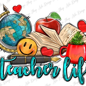 May include: A colorful illustration of a globe, a book, a red mug, a smiley face, a red apple, and a pen with the text "teacher life" in turquoise glitter.
