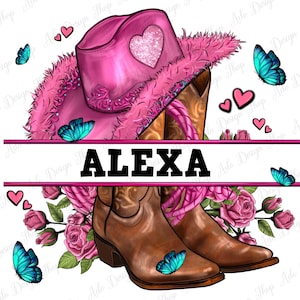 Personalized pink Cowgirl hat and roses png sublimation design download, Cowboy png, Cowgirl boots png, custom name png, designs download