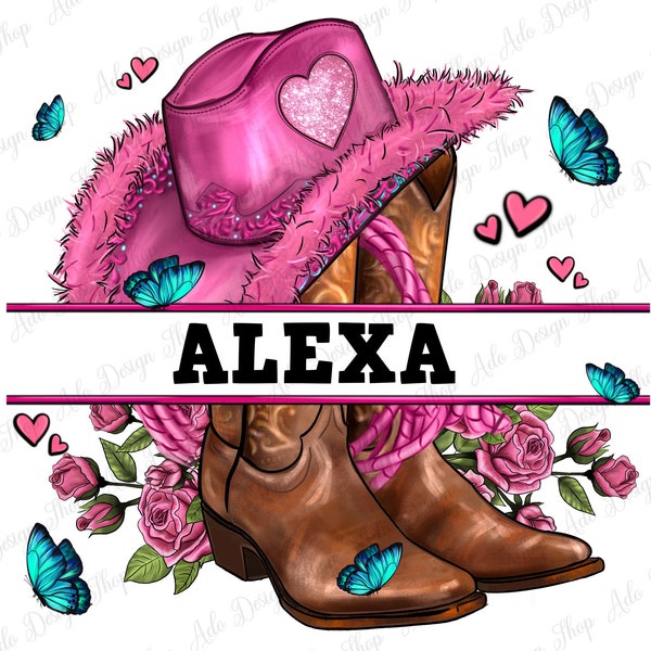 Personalized pink Cowgirl hat and roses png sublimation design download, Cowboy png, Cowgirl boots png, custom name png, designs download