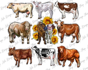 western cows and sunflowers Png Sublimation Design, western cow Png, hand drawn cow Png, western animals Png, sublimate designs download